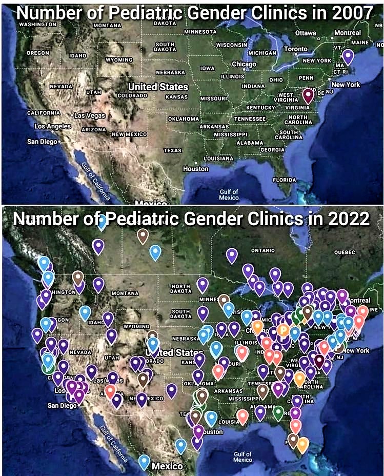 High Quality map of pediatric gender clinics 2007 & 2022 Blank Meme Template