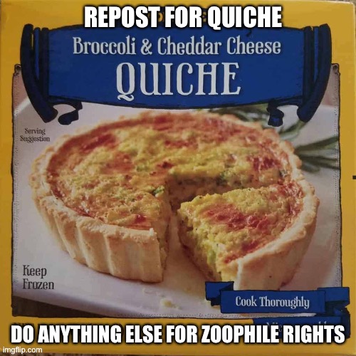 Trader Joe’s Broccoli & Cheddar Cheese Quiche | REPOST FOR QUICHE; DO ANYTHING ELSE FOR ZOOPHILE RIGHTS | image tagged in trader joe s broccoli cheddar cheese quiche | made w/ Imgflip meme maker