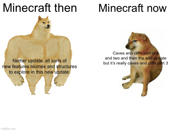 Buff Doge vs. Cheems Meme | Minecraft then; Minecraft now; Caves and cliffs part one and two and then the wild update but it’s really caves and cliffs part 3; Nether update, all sorts of new features biomes and structures to explore in this new update | image tagged in memes,buff doge vs cheems | made w/ Imgflip meme maker