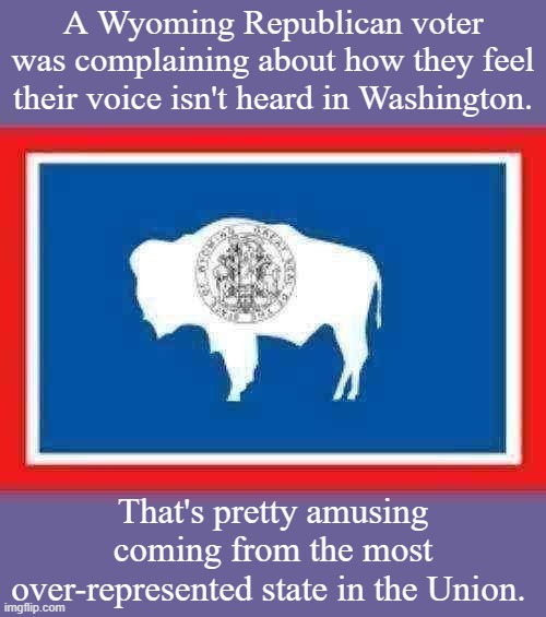 Who's going to tell him that his vote counts many times more than a Californian's or a New Yorker's | A Wyoming Republican voter was complaining about how they feel their voice isn't heard in Washington. That's pretty amusing coming from the most over-represented state in the Union. | image tagged in flag of wyoming | made w/ Imgflip meme maker