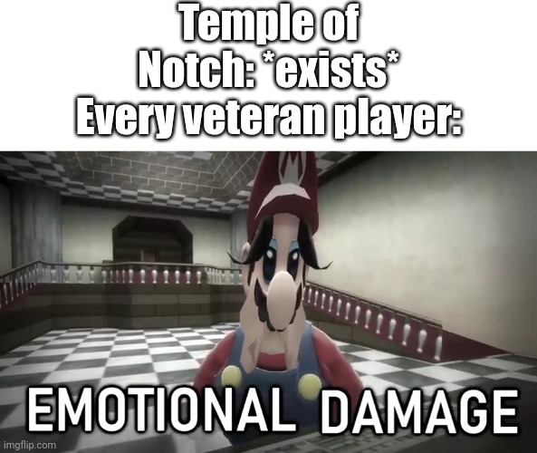 *Dies from nostalgia* | Temple of Notch: *exists*
Every veteran player: | image tagged in emotional damage,nostalgia,memes,minecraft,funny,sad | made w/ Imgflip meme maker