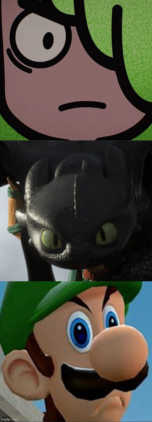 The Death Stare contest continues with a new arrival | image tagged in toothless death stare httyd,death stare,the amazing world of gumball,luigi,how to train your dragon,crossover | made w/ Imgflip meme maker
