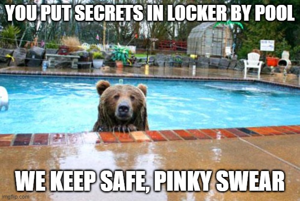 bear keep secrets safe | YOU PUT SECRETS IN LOCKER BY POOL; WE KEEP SAFE, PINKY SWEAR | image tagged in pool bear | made w/ Imgflip meme maker
