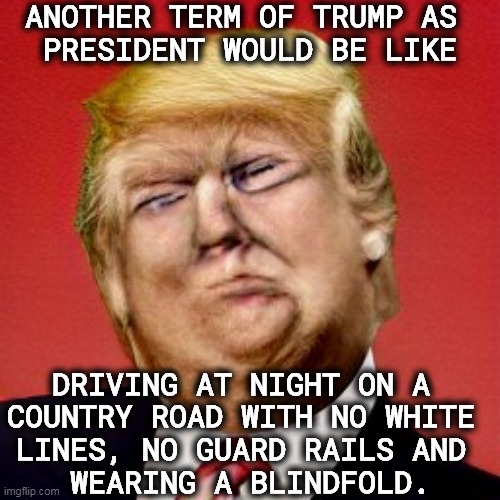 ANOTHER TERM OF TRUMP AS 
PRESIDENT WOULD BE LIKE; DRIVING AT NIGHT ON A 
COUNTRY ROAD WITH NO WHITE 
LINES, NO GUARD RAILS AND 
WEARING A BLINDFOLD. | image tagged in trump,bats,crazy,revenge,idiot,ego | made w/ Imgflip meme maker