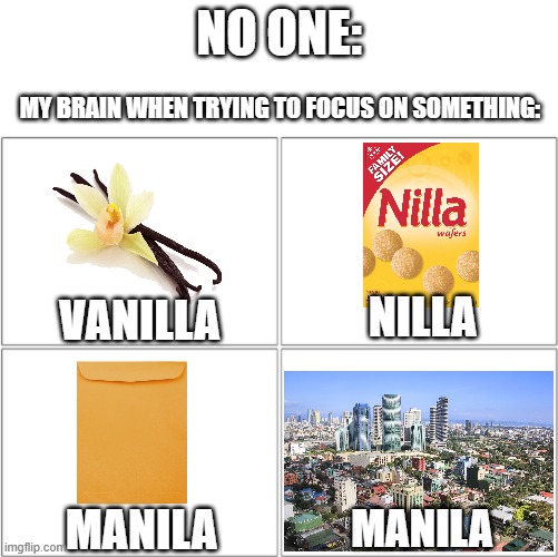 My brain in a nutshell | NO ONE:; MY BRAIN WHEN TRYING TO FOCUS ON SOMETHING:; NILLA; VANILLA; MANILA; MANILA | image tagged in my brain,funny,memes,adhd,barney will eat all of your delectable biscuits,word play | made w/ Imgflip meme maker