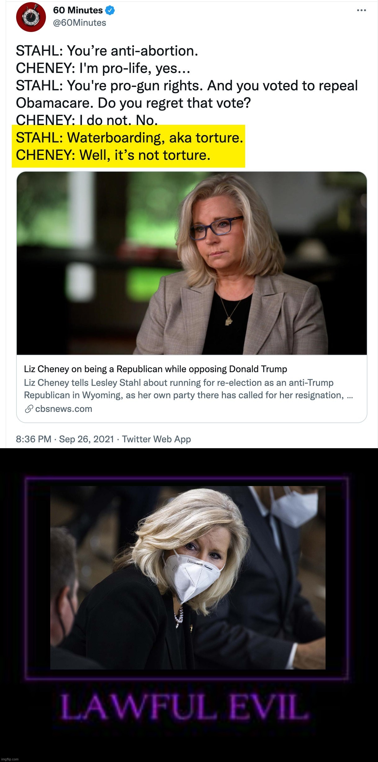 Lawful Evil Liz | image tagged in liz cheney 60 minutes interview,alignment chart,liz cheney,torture,republicans,waterboarding | made w/ Imgflip meme maker