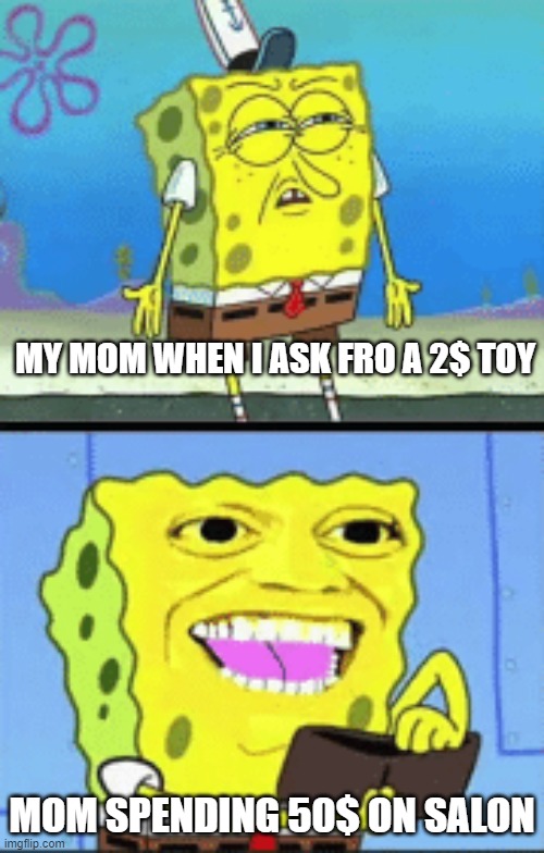 Spongebob money | MY MOM WHEN I ASK FRO A 2$ TOY; MOM SPENDING 50$ ON SALON | image tagged in spongebob money | made w/ Imgflip meme maker