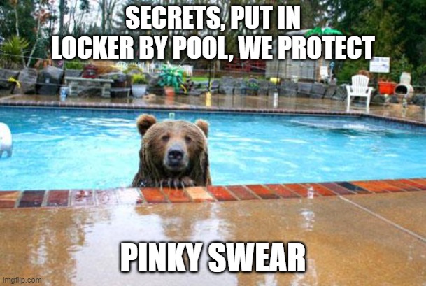 Pool Bear | SECRETS, PUT IN LOCKER BY POOL, WE PROTECT; PINKY SWEAR | image tagged in pool bear | made w/ Imgflip meme maker