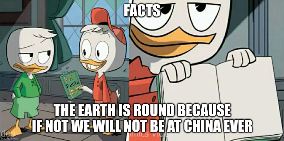 Huey Big Brain | FACTS; THE EARTH IS ROUND BECAUSE IF NOT WE WILL NOT BE AT CHINA EVER | image tagged in huey telling facts | made w/ Imgflip meme maker