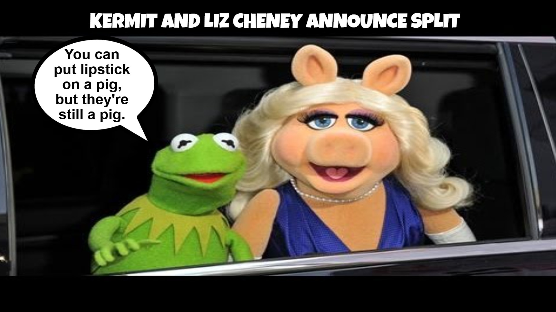 Kermit says Liz will fit right in with the other sows on "The View." | image tagged in kermit the frog,miss piggy,liz cheney,ms lizzy,lizard lips,lipstick on a pig | made w/ Imgflip meme maker