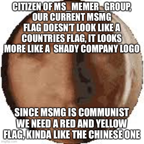 You know where im going with this… :smirk: | CITIZEN OF MS_MEMER_GROUP, OUR CURRENT MSMG FLAG DOESN’T LOOK LIKE A COUNTRIES FLAG, IT LOOKS MORE LIKE A  SHADY COMPANY LOGO; SINCE MSMG IS COMMUNIST WE NEED A RED AND YELLOW FLAG, KINDA LIKE THE CHINESE ONE | image tagged in ball goodman | made w/ Imgflip meme maker