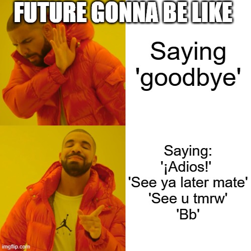 Drake Hotline Bling Meme | FUTURE GONNA BE LIKE; Saying 'goodbye'; Saying:
'¡Adios!' 
'See ya later mate'
'See u tmrw'
'Bb' | image tagged in memes,drake hotline bling | made w/ Imgflip meme maker