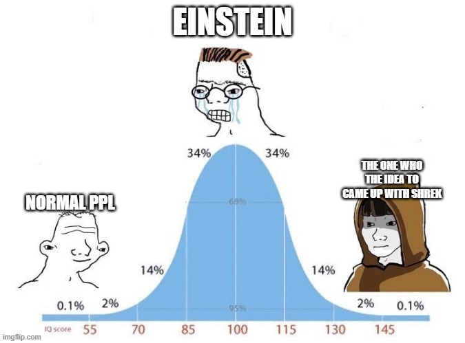 Bell Curve | EINSTEIN; THE ONE WHO THE IDEA TO CAME UP WITH SHREK; NORMAL PPL | image tagged in bell curve | made w/ Imgflip meme maker