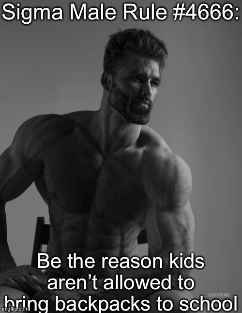 Giga Chad |  Sigma Male Rule #4666:; Be the reason kids aren’t allowed to bring backpacks to school | image tagged in giga chad | made w/ Imgflip meme maker