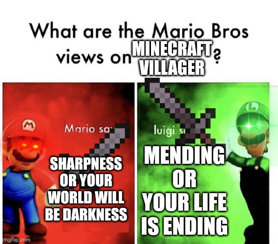 Librarians are the best villager because of bane of arthropods | MINECRAFT VILLAGER; SHARPNESS OR YOUR WORLD WILL BE DARKNESS; MENDING OR YOUR LIFE IS ENDING | image tagged in mario bros views,minecraft | made w/ Imgflip meme maker