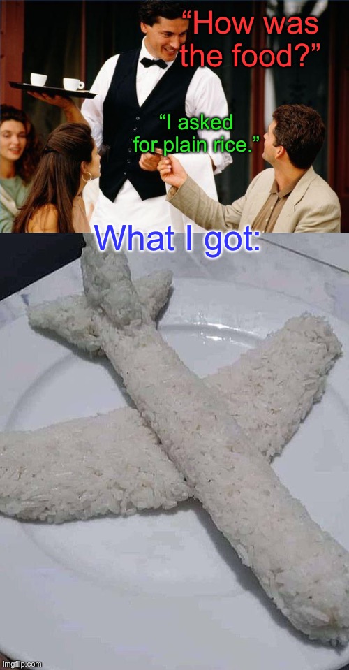 Plain vs Plane | “How was the food?”; “I asked for plain rice.”; What I got: | image tagged in waiter | made w/ Imgflip meme maker