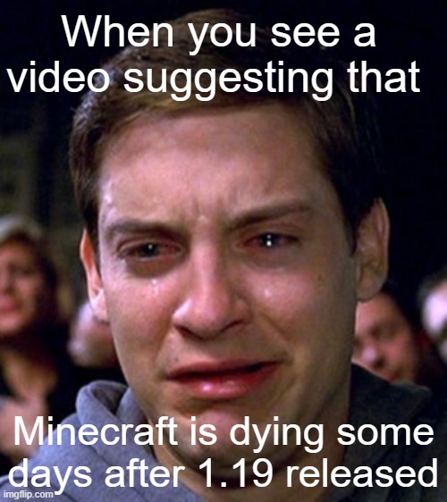 Oof | When you see a video suggesting that; Minecraft is dying some days after 1.19 released | image tagged in crying peter parker | made w/ Imgflip meme maker