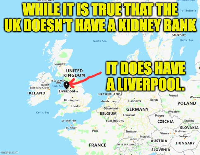 UK | WHILE IT IS TRUE THAT THE UK DOESN'T HAVE A KIDNEY BANK; IT DOES HAVE A LIVERPOOL. | image tagged in bad pun | made w/ Imgflip meme maker