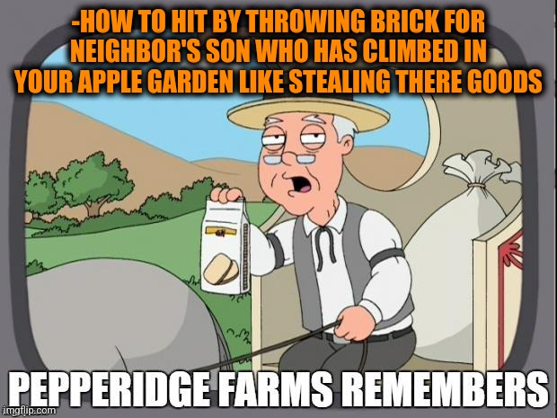 -Villagers so villagers. | -HOW TO HIT BY THROWING BRICK FOR NEIGHBOR'S SON WHO HAS CLIMBED IN YOUR APPLE GARDEN LIKE STEALING THERE GOODS | image tagged in pepperidge farms remembers,village people,a train hitting a school bus,success kid,oh hey brick,apple inc | made w/ Imgflip meme maker