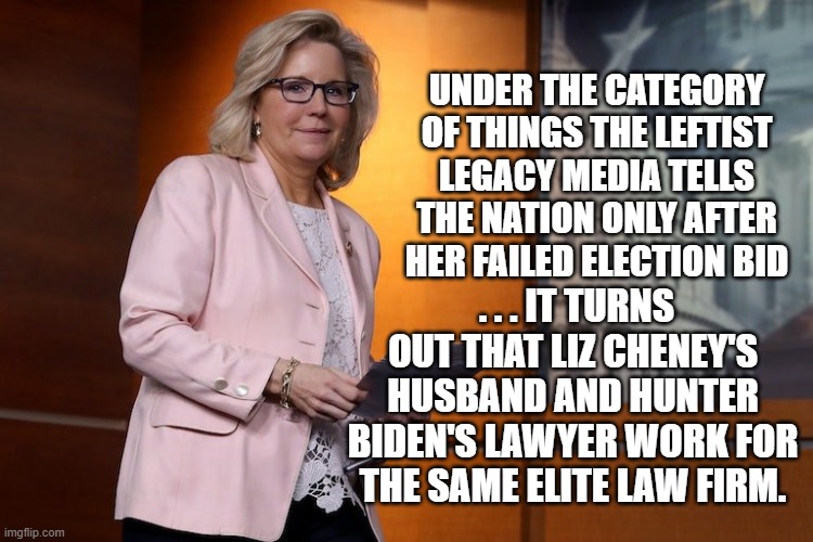Nope . . . no political conflict of interest THERE. | UNDER THE CATEGORY OF THINGS THE LEFTIST LEGACY MEDIA TELLS THE NATION ONLY AFTER HER FAILED ELECTION BID; . . . IT TURNS OUT THAT LIZ CHENEY'S HUSBAND AND HUNTER BIDEN'S LAWYER WORK FOR THE SAME ELITE LAW FIRM. | image tagged in corruption | made w/ Imgflip meme maker