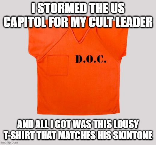 DOC prison shirt | I STORMED THE US CAPITOL FOR MY CULT LEADER; AND ALL I GOT WAS THIS LOUSY T-SHIRT THAT MATCHES HIS SKINTONE | image tagged in doc prison shirt | made w/ Imgflip meme maker