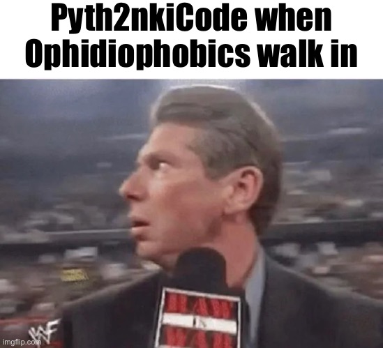 X when Y walks in | Pyth2nkiCode when Ophidiophobics walk in | image tagged in x when y walks in | made w/ Imgflip meme maker