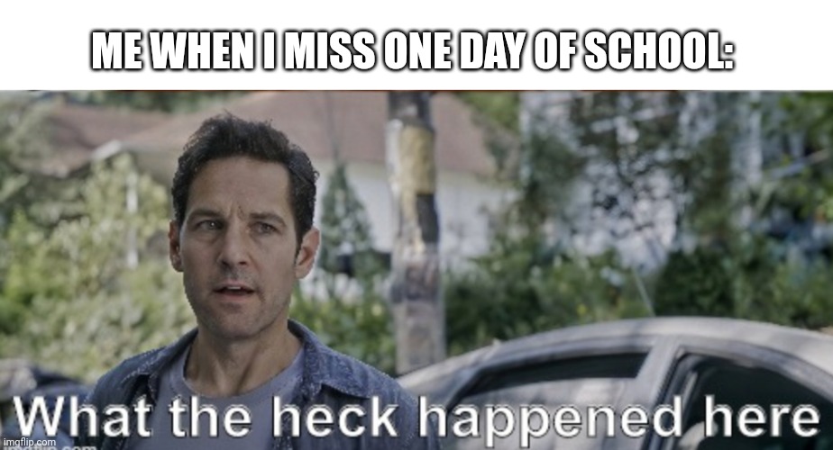 What happened? | ME WHEN I MISS ONE DAY OF SCHOOL: | image tagged in antman what the heck happened here | made w/ Imgflip meme maker