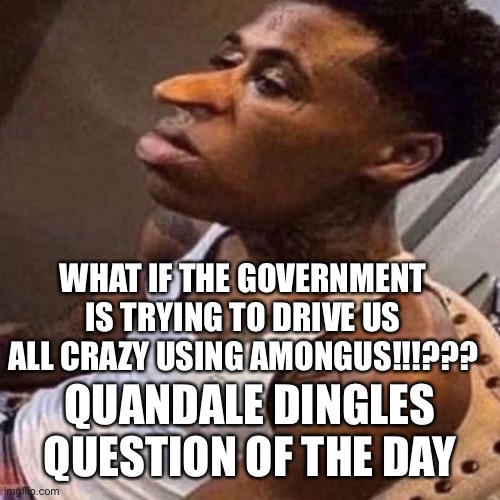 quandale dingle | WHAT IF THE GOVERNMENT IS TRYING TO DRIVE US ALL CRAZY USING AMONGUS!!!??? QUANDALE DINGLES QUESTION OF THE DAY | image tagged in quandale dingle | made w/ Imgflip meme maker