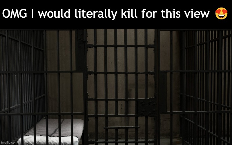 JAIL TIME BABY | OMG I would literally kill for this view 😍 | image tagged in dark humor,jail,kill | made w/ Imgflip meme maker