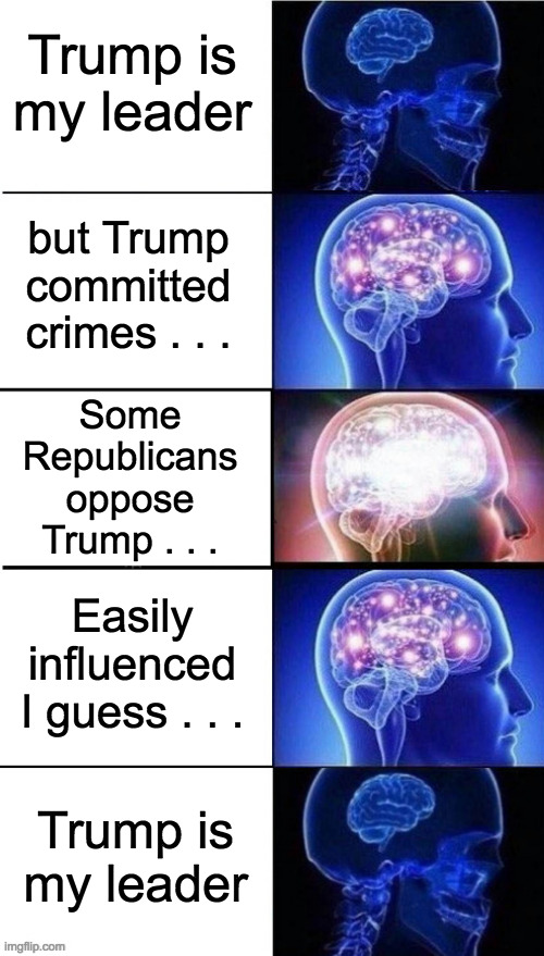 Defective brain. | Trump is my leader; but Trump committed crimes . . . Some
Republicans
oppose
Trump . . . Easily
influenced
I guess . . . Trump is
my leader | image tagged in memes,defective brain,maga sheep,baaaa | made w/ Imgflip meme maker