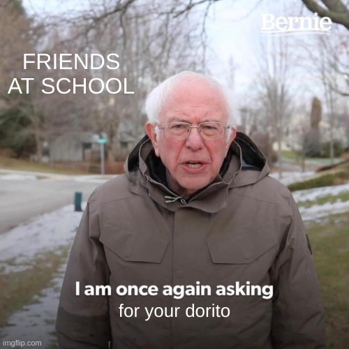 Bernie I Am Once Again Asking For Your Support | FRIENDS AT SCHOOL; for your dorito | image tagged in memes,bernie i am once again asking for your support | made w/ Imgflip meme maker