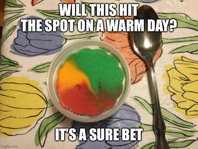 Yeah yeah you prefer ice cream | WILL THIS HIT THE SPOT ON A WARM DAY? IT’S A SURE BET | image tagged in puns | made w/ Imgflip meme maker