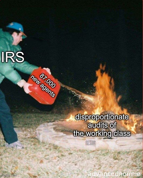 make tax collectors birds again | IRS; 87,000 new agents; disproportionate audits of the working class | image tagged in pouring gas on fire | made w/ Imgflip meme maker
