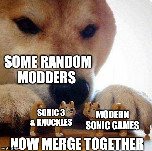 Sonic 3 AIR Is Great but turn it into a modern 2D Sonic Game | SOME RANDOM MODDERS; SONIC 3 & KNUCKLES; MODERN SONIC GAMES; NOW MERGE TOGETHER | image tagged in doge dog playing with toy dogs | made w/ Imgflip meme maker