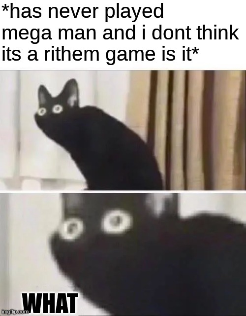 Oh No Black Cat | *has never played mega man and i dont think its a rithem game is it* WHAT | image tagged in oh no black cat | made w/ Imgflip meme maker