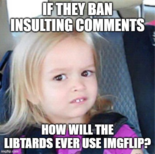 Confused Little Girl | IF THEY BAN INSULTING COMMENTS HOW WILL THE LIBTARDS EVER USE IMGFLIP? | image tagged in confused little girl | made w/ Imgflip meme maker