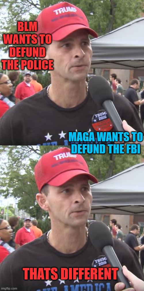 I thought the tea party and comet pizza nuts would be as weird as it ever got, I was wrong. | BLM WANTS TO DEFUND THE POLICE; MAGA WANTS TO DEFUND THE FBI; THATS DIFFERENT | image tagged in trump supporter,memes,gop is sad,politics,police,law and order | made w/ Imgflip meme maker