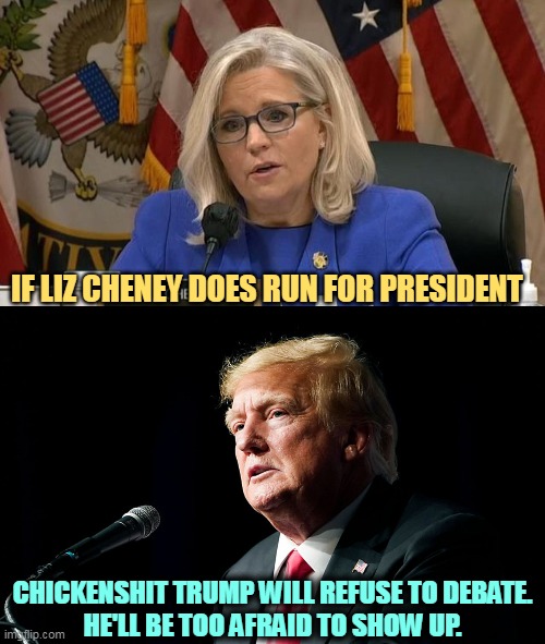 Something you'll never see. | IF LIZ CHENEY DOES RUN FOR PRESIDENT; CHICKENSHIT TRUMP WILL REFUSE TO DEBATE.
HE'LL BE TOO AFRAID TO SHOW UP. | image tagged in liz cheney,strong,donald trump,weak,presidential debate,never | made w/ Imgflip meme maker