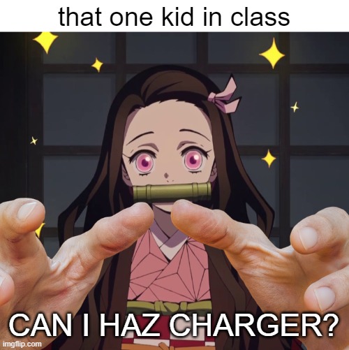 nezuko | that one kid in class; CAN I HAZ CHARGER? | image tagged in nezuko demon slayer,computer charger,phone charger,that one kid,funny memes,school | made w/ Imgflip meme maker