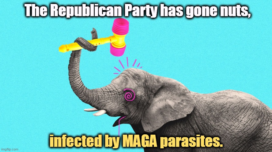 Republican elephant driven crazy by MAGA parasites | The Republican Party has gone nuts, infected by MAGA parasites. | image tagged in republican elephant driven crazy by maga parasites,maga,insane,republican party | made w/ Imgflip meme maker