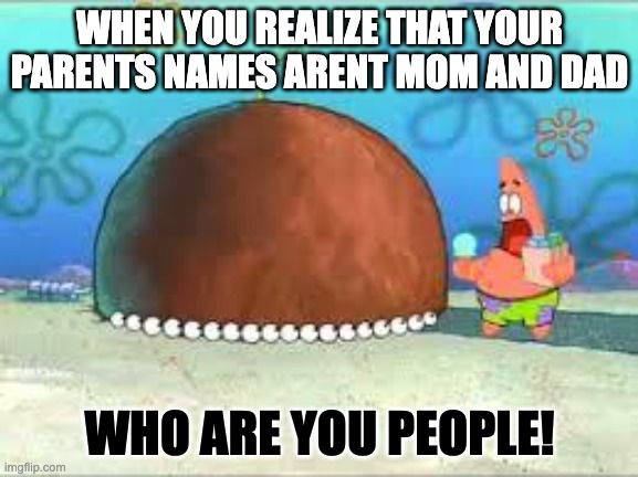 this happened... | WHEN YOU REALIZE THAT YOUR PARENTS NAMES ARENT MOM AND DAD; WHO ARE YOU PEOPLE! | image tagged in who are you people | made w/ Imgflip meme maker