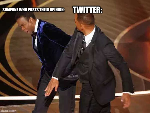 Will smith | SOMEONE WHO POSTS THEIR OPINION:; TWITTER: | image tagged in will smith,twitter,will smith punching chris rock | made w/ Imgflip meme maker