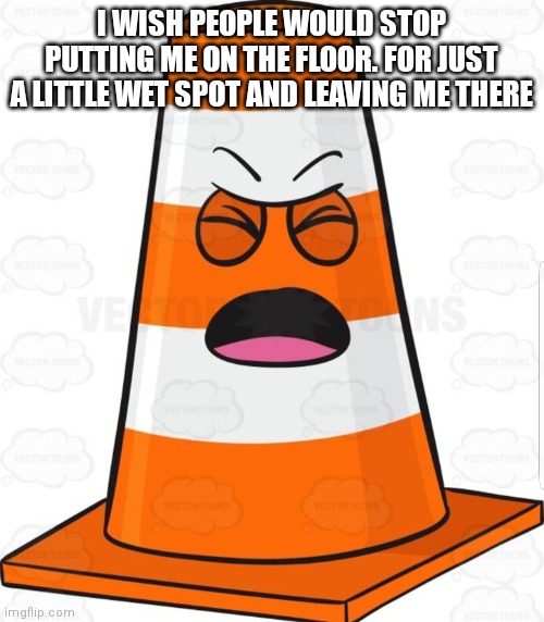 Orange cone |  I WISH PEOPLE WOULD STOP PUTTING ME ON THE FLOOR. FOR JUST A LITTLE WET SPOT AND LEAVING ME THERE | image tagged in orange cone | made w/ Imgflip meme maker