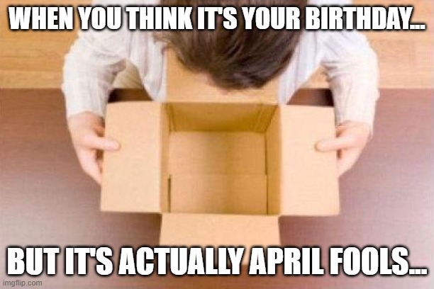 Empty Box | WHEN YOU THINK IT'S YOUR BIRTHDAY... BUT IT'S ACTUALLY APRIL FOOLS... | image tagged in disappointment | made w/ Imgflip meme maker