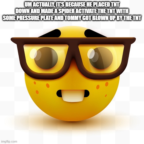 Nerd emoji | UM ACTUALLY, IT'S BECAUSE HE PLACED TNT DOWN AND MADE A SPIDER ACTIVATE THE TNT WITH SOME PRESSURE PLATE AND TOMMY GOT BLOWN UP BY THE TNT | image tagged in nerd emoji | made w/ Imgflip meme maker