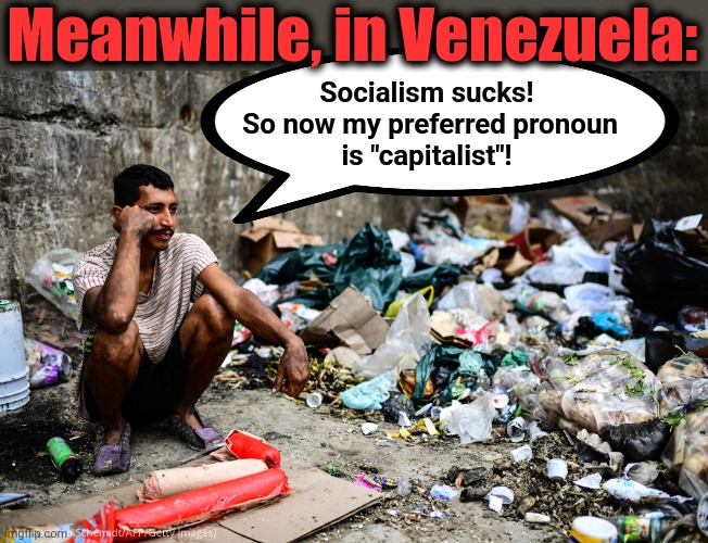 Socialism fails, again. | Meanwhile, in Venezuela:; Socialism sucks!  So now my preferred pronoun
is "capitalist"! | image tagged in memes,venezuela,socialism,democrats,pronoun,capitalist | made w/ Imgflip meme maker