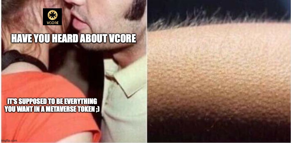 Whisper in ear meme |  HAVE YOU HEARD ABOUT VCORE; IT'S SUPPOSED TO BE EVERYTHING YOU WANT IN A METAVERSE TOKEN ;) | image tagged in whisper in ear meme | made w/ Imgflip meme maker