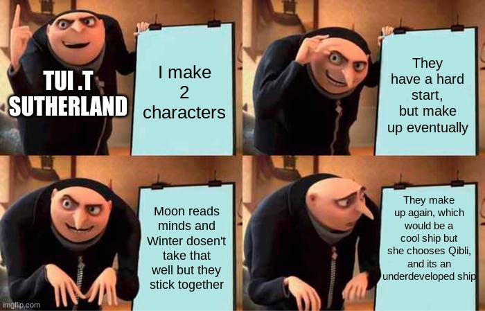 What have I done | I make 2 characters; They have a hard start, but make up eventually; TUI .T SUTHERLAND; They make up again, which would be a cool ship but she chooses Qibli, and its an underdeveloped ship; Moon reads minds and Winter dosen't take that well but they stick together | image tagged in memes,gru's plan | made w/ Imgflip meme maker