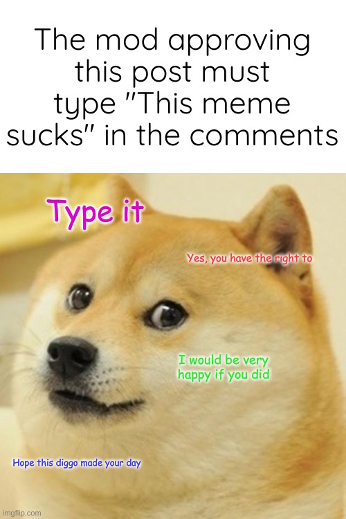 The mod approving this post must type "This meme sucks" in the comments | The mod approving this post must type "This meme sucks" in the comments; Type it; Yes, you have the right to; I would be very happy if you did; Hope this diggo made your day | image tagged in memes,doge | made w/ Imgflip meme maker