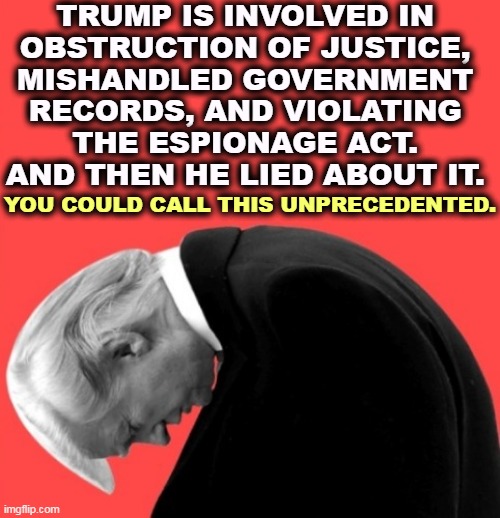We've never had a president like this before. | TRUMP IS INVOLVED IN 
OBSTRUCTION OF JUSTICE, 

MISHANDLED GOVERNMENT 
RECORDS, AND VIOLATING 
THE ESPIONAGE ACT. 
AND THEN HE LIED ABOUT IT. YOU COULD CALL THIS UNPRECEDENTED. | image tagged in obstruction of justice,government,records,espionage act,unprecedented,trump | made w/ Imgflip meme maker
